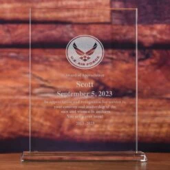 Military Glass Recognition Award, Army, Navy, Air Force, Marines -crystal imagery shop AirForce ClearRectangleAward