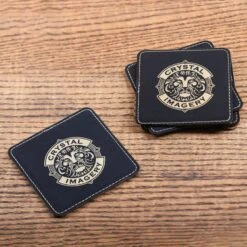 Laser Etched Logo Black And Gold Leather Coasters, SET Of 6