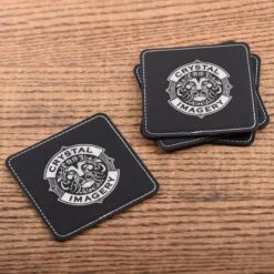 Laser Etched Logo Black And Silver Leather Coasters, SET Of 6