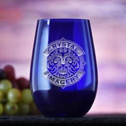 Your Logo Engraved Blue Stemless Wine Glass By Crystal Imagery