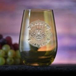 Your Logo Engraved Green Stemless Wine Glass By Crystal Imagery