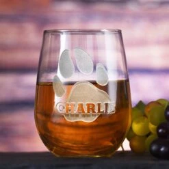 Dog's Name, Paw Print Engraved Stemless Wine Glass Gift For Pet Lovers