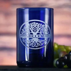 Custom Family Tree Blue Recycled Wine Bottle Glass