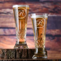 Engraved Crystal Beer Pilsner, PAIR