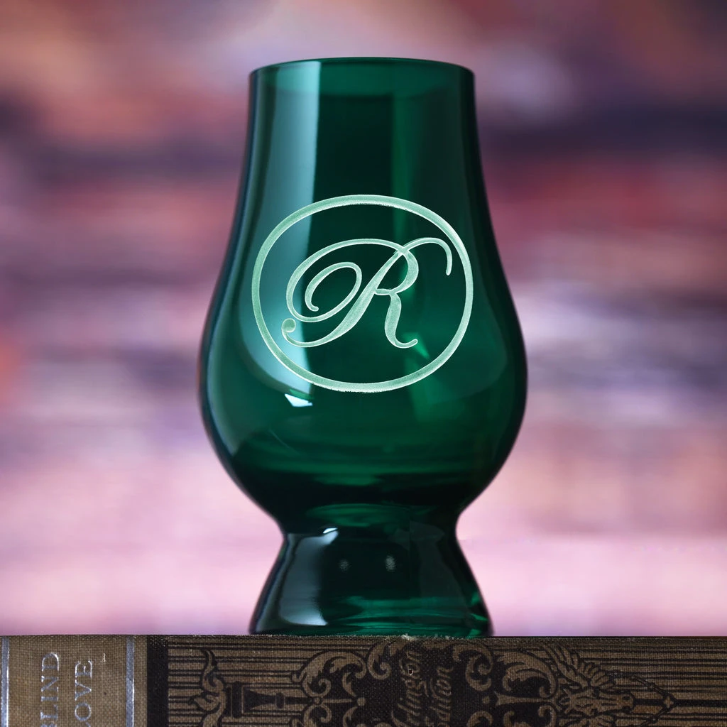 Green Glencairn Whisky Glass With Monogram 1 Green Glencairn Whisky Glass With Monogram