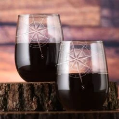 Nautical Compass Rose Stemless Wine Glass Set Of 2