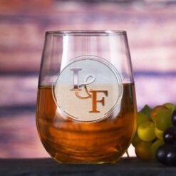 Bride And Groom Monogram Stemless Wine Glass