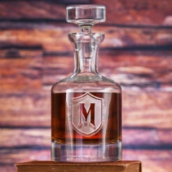 Monogram Shield With Letter Engraved Whiskey Scotch Decanters
