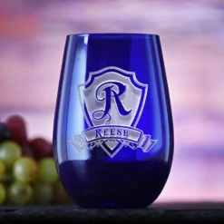 Engraved Blue Stemless Wine Glass Tumbler By Crystal Imagery