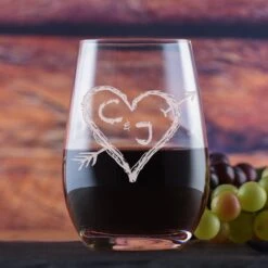 Heart And Arrow Etched Stemless Wine Glass Tumbler By Crystal Imagery