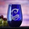 Custom Engraved Blue Stemless Wine Glass Tumbler By Crystal Imagery