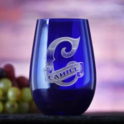 Custom Engraved Blue Stemless Wine Glass Tumbler By Crystal Imagery