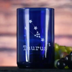 Constellation Zodiac Engraved Blue Recycled Wine Bottle Glass