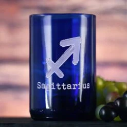 Zodiac Sign Engraved Blue Recycled Wine Bottle Glass