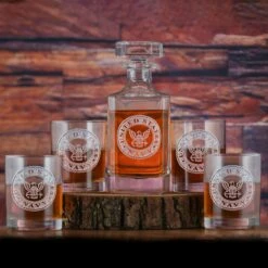 Navy Whiskey Decanter And Glasses Gift Set
