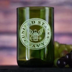 Navy Gift For Sailor, Engraved Green Wine Bottle Glass