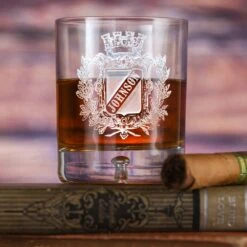 Engraved Family Crest, Coat Of Arms Crystal Bourbon Glass Set Of 4