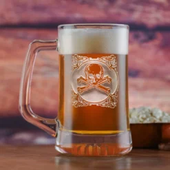 Engraved Skull And Bones Beer Mug