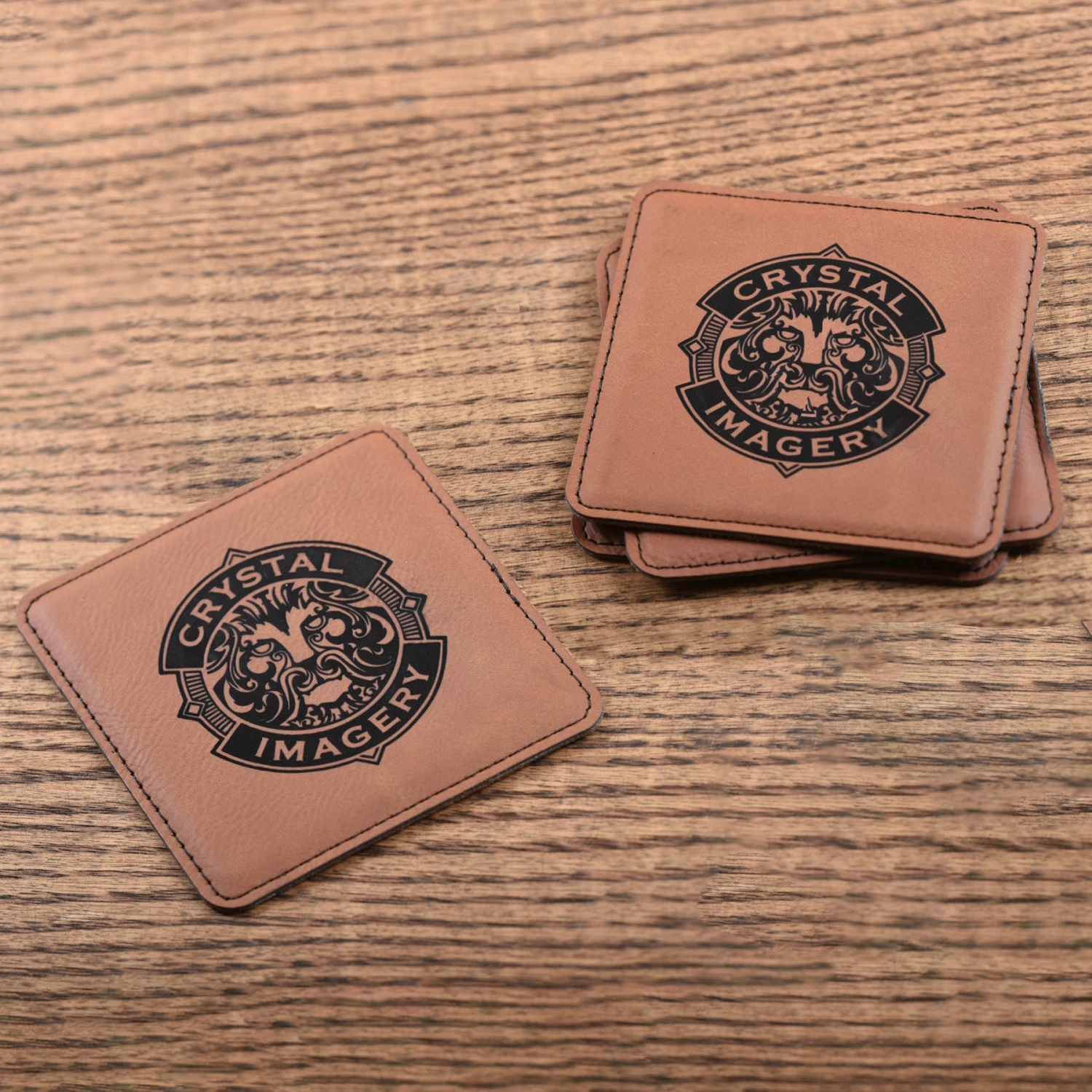 Laser Etched Logo In Tan Leather Coasters, SET Of 6 1 Laser Etched Logo In Tan Leather Coasters, SET Of 6