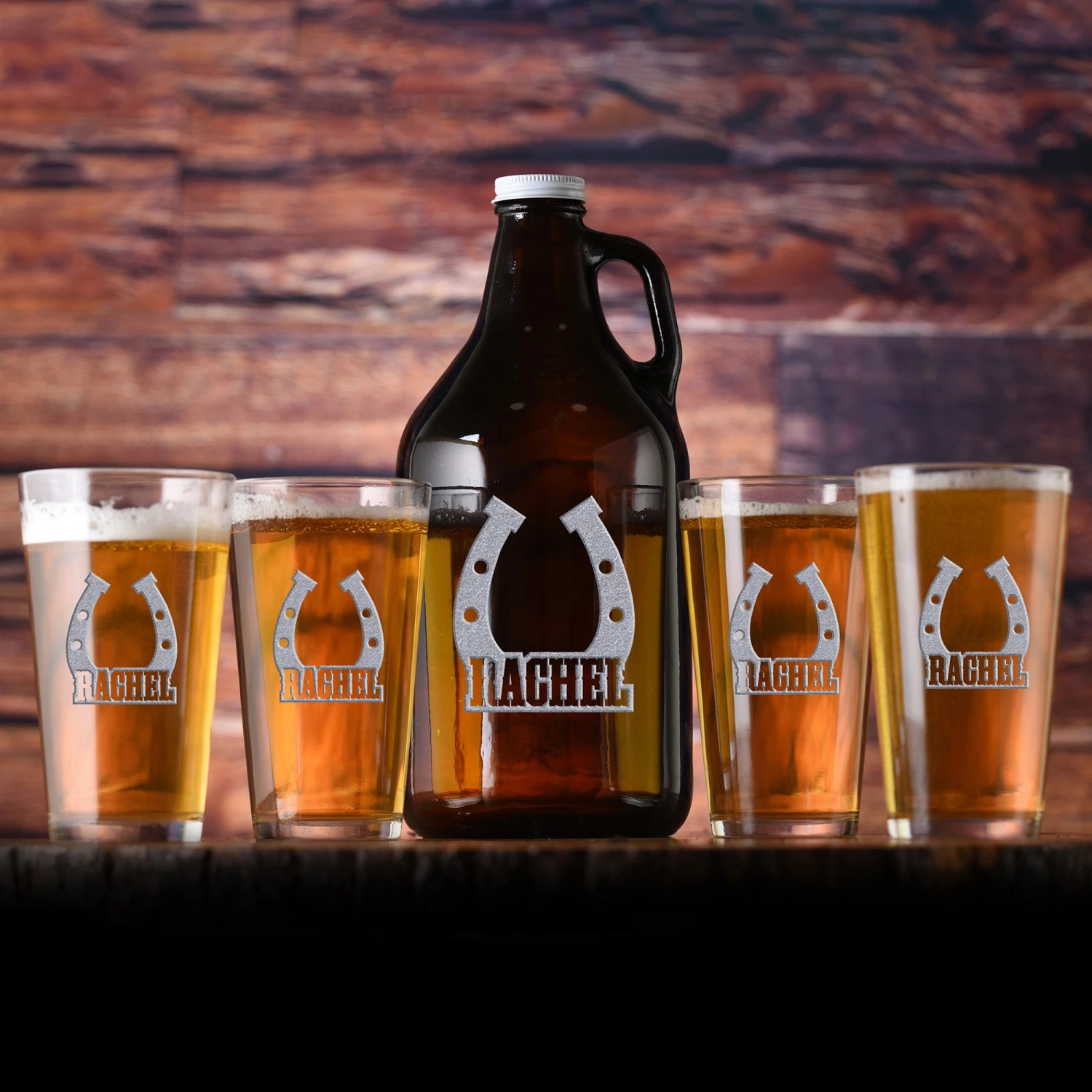 Personalized Horseshoe Beer Growler & Pint Glass Gift Set 1 Personalized Horseshoe Beer Growler & Pint Glass Gift Set