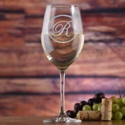 Etched Monogram Stolzle Crystal White Wine Glass